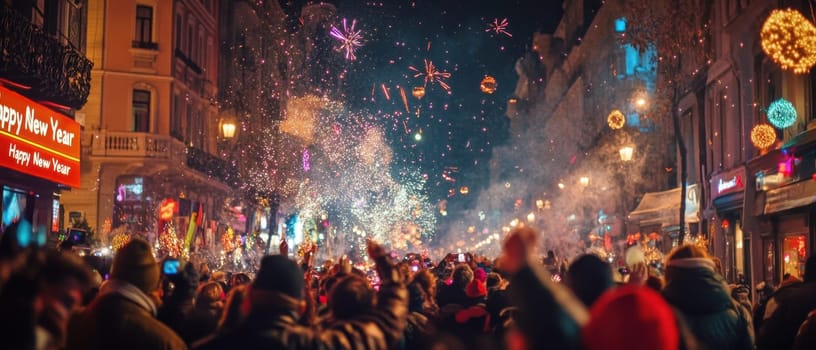 Crowds gather in the street to welcome the New Year enjoying fireworks and festive lights as confetti fills the air.