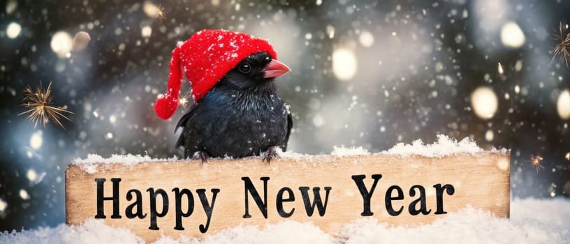 A cheerful bird wearing a red hat stands on a snowy surface with a sign that wishes everyone a Happy New Year amidst falling snowflakes.