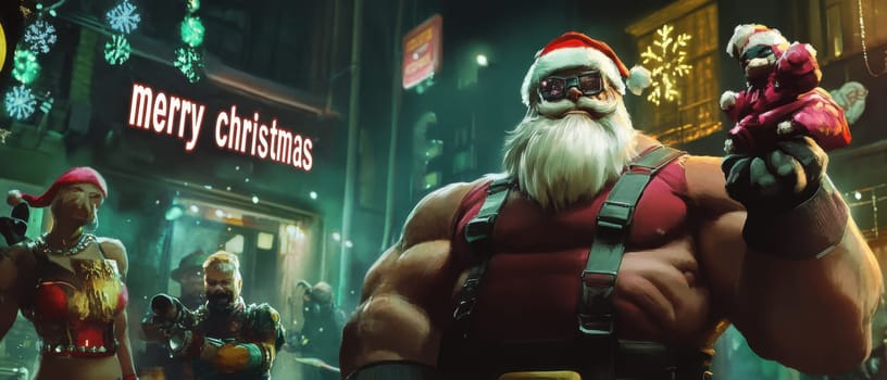 A vibrant holiday atmosphere shows Santa with friends enjoying festivities in a bustling urban area decorated for Christmas.