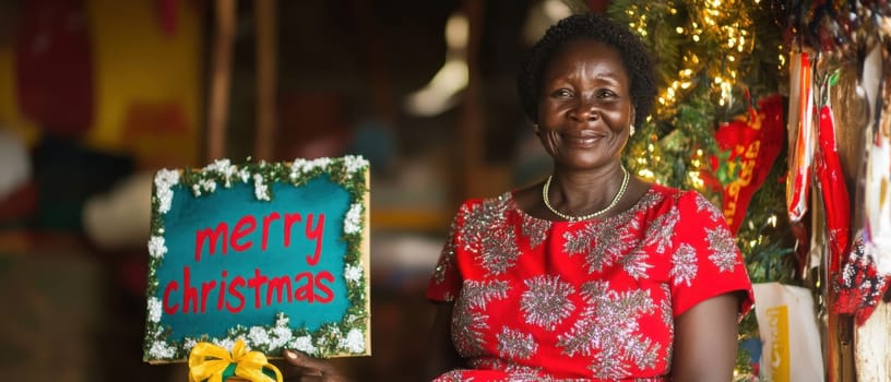 A woman wearing a bright red dress proudly holds a sign wishing everyone a Merry Christmas surrounded by festive decorations.