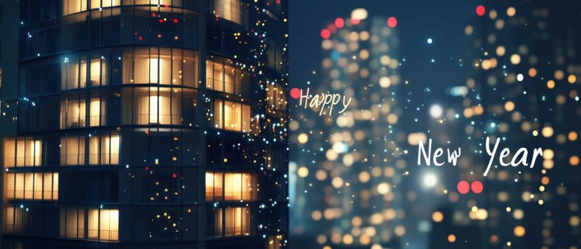 Bright city lights twinkle as celebrations mark the arrival of the New Year creating a festive atmosphere filled with joy.