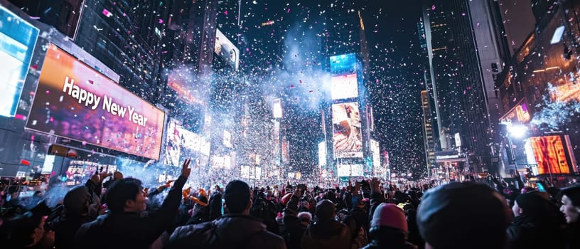 Crowds gather in Times Square to celebrate New Years Eve cheering as colorful confetti falls amidst vibrant lights and excitement.