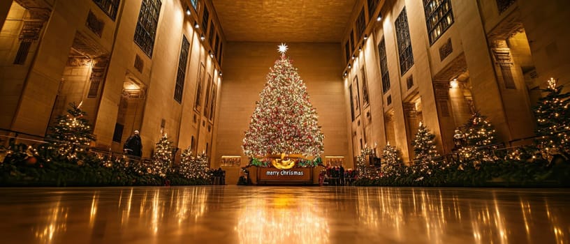 A beautifully decorated Christmas tree shines brightly in a grand hall surrounded by elegant holiday decorations and smaller trees.