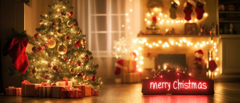 A beautifully decorated Christmas tree and glowing lights create a warm festive atmosphere in a cozy living room during the holidays.