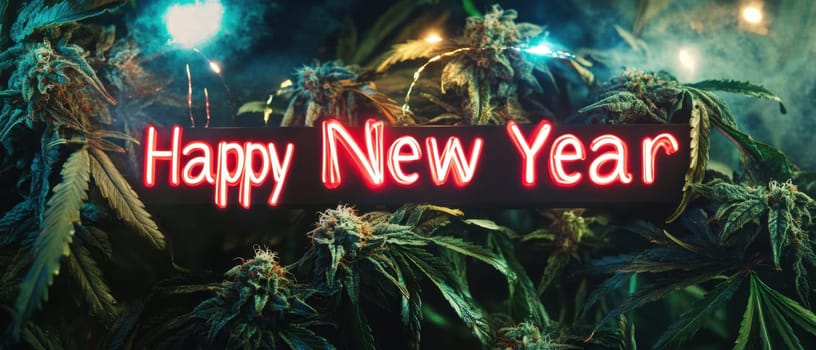 Vibrant decorations with cannabis plants and glowing New Year greeting illuminate the festive atmosphere during a nighttime celebration.