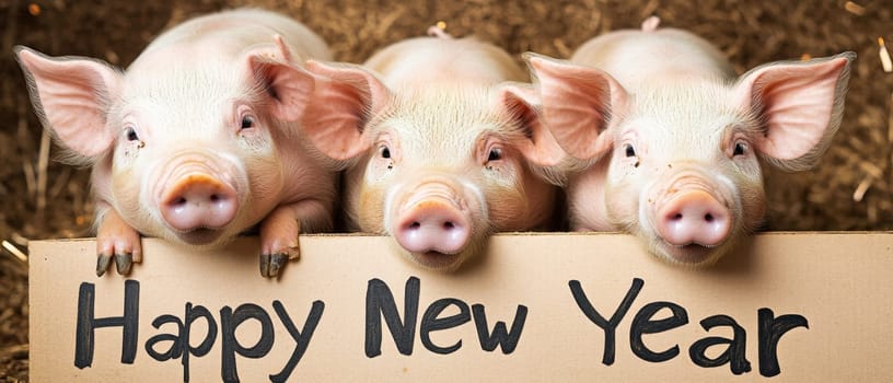 Three adorable piglets gather around a sign wishing everyone a Happy New Year while surrounded by straw and festive decorations.