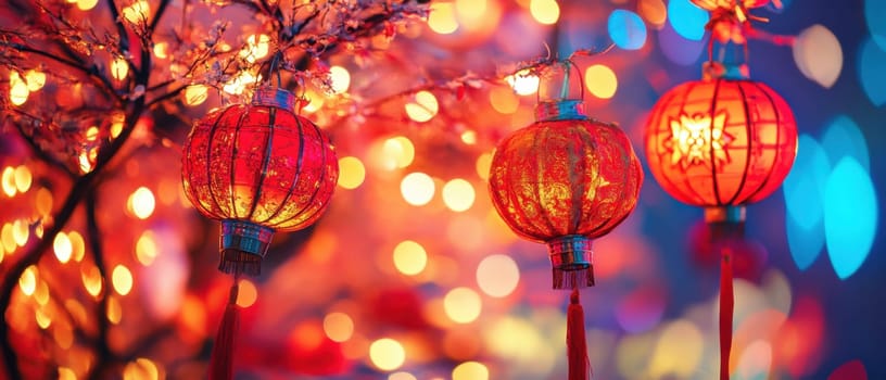 Red lanterns glow softly in a vibrant display of lights during a nighttime festival creating a warm and festive atmosphere for all.