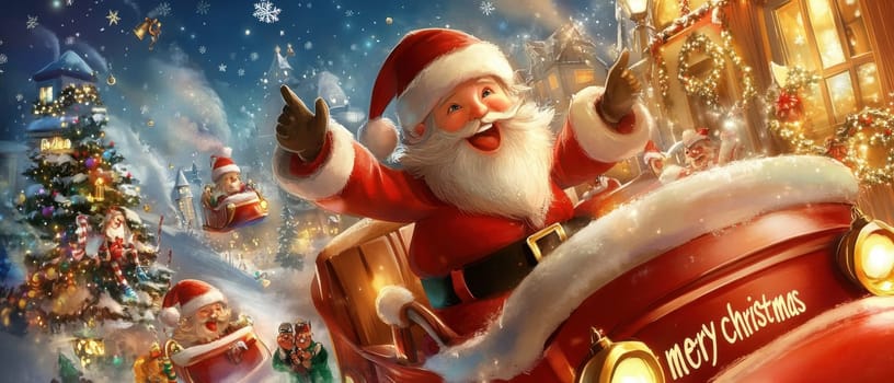 Santa Claus rides through a snowy village spreading holiday cheer with sparkling lights and decorations during the Christmas season.
