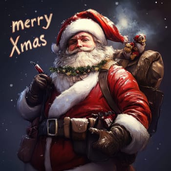 A jolly Santa Claus stands proudly with his backpack surrounded by winter charm holding a candy cane while two birds perch nearby.