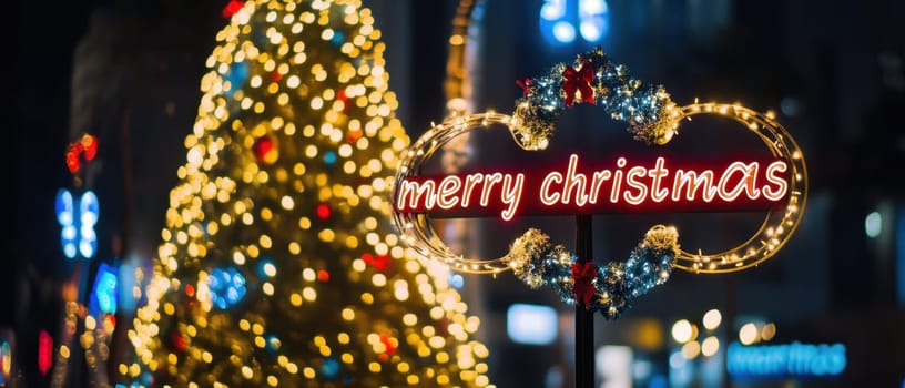 A vibrant Christmas tree adorned with colorful lights stands beside a cheerful Merry Christmas sign in a bustling urban setting at night.