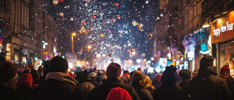 A vibrant crowd gathers in the city street celebrating the New Year as confetti falls and lights illuminate the festive atmosphere.