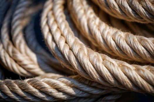 Detailed close-up of thick, twisted natural fiber ropes, showcasing texture and strength, often associated with nautical, industrial, or rustic themes