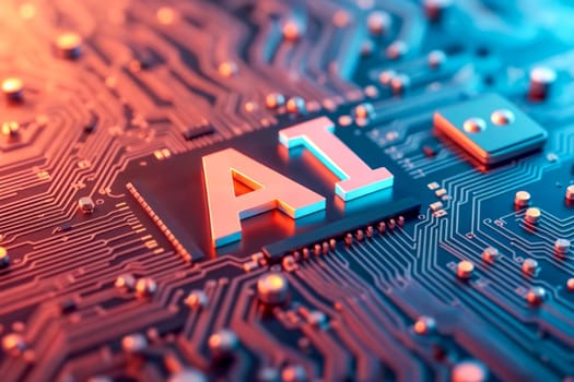 Close-up of a computer circuit board featuring an AI processor chip, illuminated with blue and orange futuristic lighting, symbolizing advanced technology and artificial intelligence.