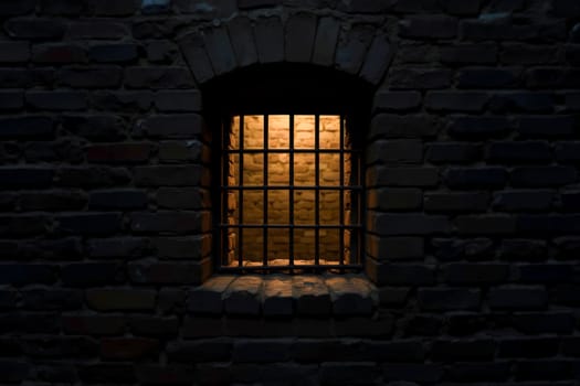Close-up of a barred window in an old brick wall, dimly lit from the inside, evoking themes of confinement, isolation, and solitude, often associated with prison or detention