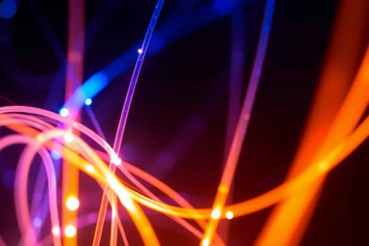 Close-up of colorful, glowing fiber optic cables on a dark background, symbolizing high-speed data transfer, networking, and modern technology.