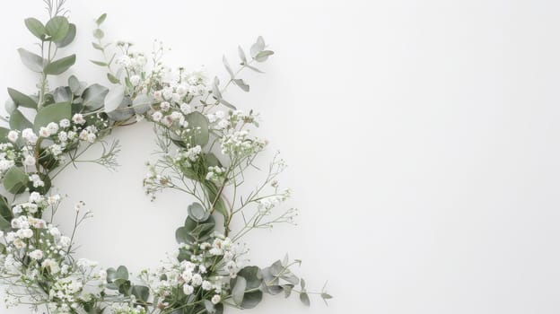Bohemian-inspired botanical wreath arrangement with a minimalist color palette against white
