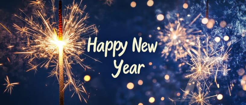 People celebrate the New Year with vibrant sparklers and colorful fireworks lighting up the night sky in a festive atmosphere.