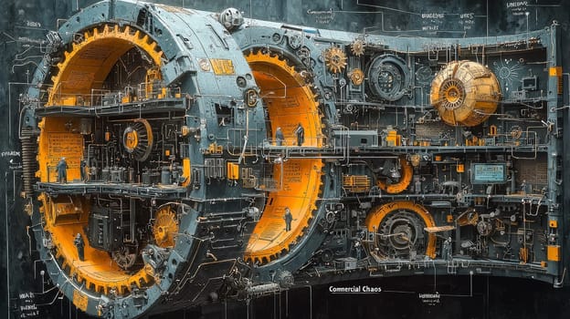 A highly detailed scientific illustration depicting the concept of "Commercial Chaos,"" showcasing a misaligned organizational mechanism. The cross-sectional view reveals separate departments—Product, Marketing, Finance, HR, and Sales—represented by gears and cogs in friction, stress fractures, and inefficiencies, all feeding outdated data into an ignored dashboard. Peripheral scenes depict employees attempting makeshift repairs, symbolizing fragmented data, duplicate efforts, and siloed communication. An outer ring shows a solution pathway with realigned gears, unified pipelines, and shared objectives, contrasting chaotic fragmentation with potential organizational harmony."