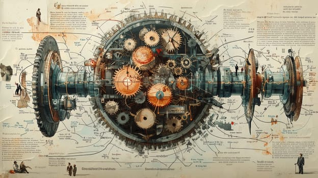 A highly detailed scientific illustration depicting the concept of "Commercial Chaos,"" showcasing a misaligned organizational mechanism. The cross-sectional view reveals separate departments—Product, Marketing, Finance, HR, and Sales—represented by gears and cogs in friction, stress fractures, and inefficiencies, all feeding outdated data into an ignored dashboard. Peripheral scenes depict employees attempting makeshift repairs, symbolizing fragmented data, duplicate efforts, and siloed communication. An outer ring shows a solution pathway with realigned gears, unified pipelines, and shared objectives, contrasting chaotic fragmentation with potential organizational harmony."
