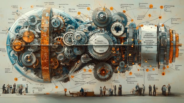 A highly detailed scientific illustration depicting the concept of "Commercial Chaos,"" showcasing a misaligned organizational mechanism. The cross-sectional view reveals separate departments—Product, Marketing, Finance, HR, and Sales—represented by gears and cogs in friction, stress fractures, and inefficiencies, all feeding outdated data into an ignored dashboard. Peripheral scenes depict employees attempting makeshift repairs, symbolizing fragmented data, duplicate efforts, and siloed communication. An outer ring shows a solution pathway with realigned gears, unified pipelines, and shared objectives, contrasting chaotic fragmentation with potential organizational harmony."