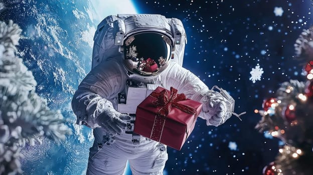 A photorealistic scene of an astronaut holding a Christmas present, surrounded by festively decorated trees against a backdrop of space with Earth in view. Bathed in a cool cyan color palette, this image captures holiday spirit in a cosmic setting, featuring dynamic DSLR lighting and leaving central space open for text.