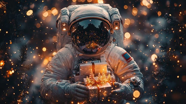 A photorealistic scene of an astronaut holding a Christmas present, surrounded by festively decorated trees against a backdrop of space with Earth in view. Bathed in a cool cyan color palette, this image captures holiday spirit in a cosmic setting, featuring dynamic DSLR lighting and leaving central space open for text.