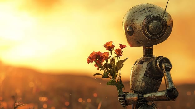 A charming, adorable robot holds a small bouquet of flowers, radiating warmth and kindness. The playful, soft design of the robot contrasts beautifully with the delicate flowers, creating a heartwarming scene that blends technology with tenderness.