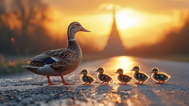 A photorealistic, ultra-detailed image captures a family of ducks, led by a mother duck with her ducklings following closely behind, as they cross a highway at sunset. The stunning lighting and intricate details emphasize the serene scene, with warm cinematic tones enhancing the peaceful beauty of nature against a striking landscape.