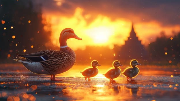 A photorealistic, ultra-detailed image captures a family of ducks, led by a mother duck with her ducklings following closely behind, as they cross a highway at sunset. The stunning lighting and intricate details emphasize the serene scene, with warm cinematic tones enhancing the peaceful beauty of nature against a striking landscape.