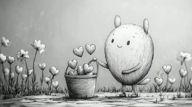 A minimalistic black and white illustration shows a simple character with a large oval head gently planting hearts in the ground from a bucket filled with hearts. The soft, tender style and line-drawing technique create a warm, endearing image perfect for laser engraving on a neutral background.