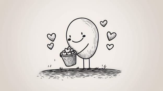 A minimalistic black and white illustration shows a simple character with a large oval head gently planting hearts in the ground from a bucket filled with hearts. The soft, tender style and line-drawing technique create a warm, endearing image perfect for laser engraving on a neutral background.