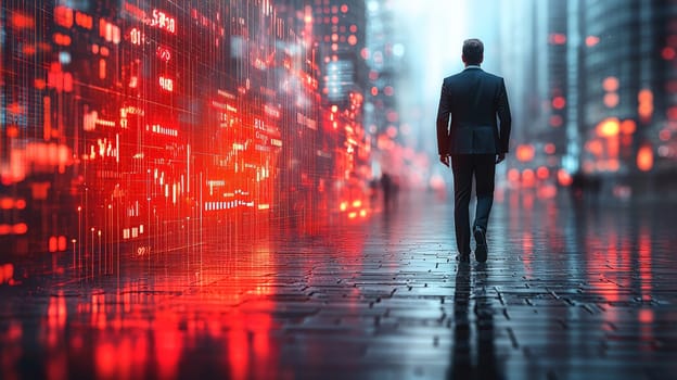 A professional man in a suit confidently walks along a large, ascending 3D bar graph, symbolizing growth and success. Set against a clean white background, this stock photo encapsulates progress and ambition in the business world.
