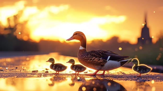 A photorealistic, ultra-detailed image captures a family of ducks, led by a mother duck with her ducklings following closely behind, as they cross a highway at sunset. The stunning lighting and intricate details emphasize the serene scene, with warm cinematic tones enhancing the peaceful beauty of nature against a striking landscape.