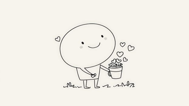 A minimalistic black and white illustration shows a simple character with a large oval head gently planting hearts in the ground from a bucket filled with hearts. The soft, tender style and line-drawing technique create a warm, endearing image perfect for laser engraving on a neutral background.