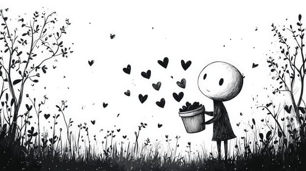 A minimalistic black and white illustration shows a simple character with a large oval head gently planting hearts in the ground from a bucket filled with hearts. The soft, tender style and line-drawing technique create a warm, endearing image perfect for laser engraving on a neutral background.
