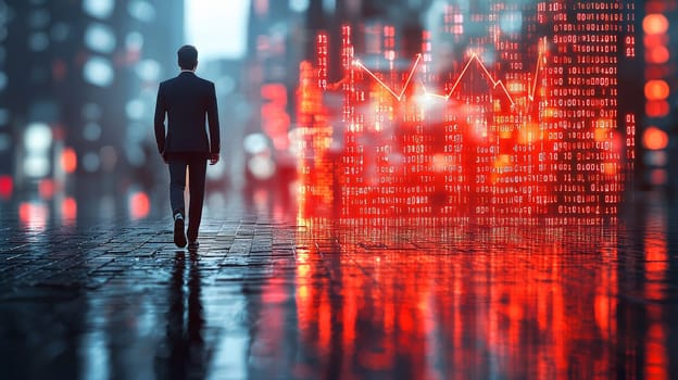 A professional man in a suit confidently walks along a large, ascending 3D bar graph, symbolizing growth and success. Set against a clean white background, this stock photo encapsulates progress and ambition in the business world.