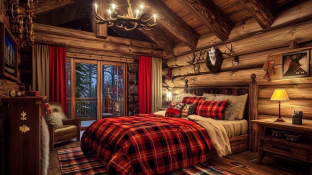 A wide-angle, high-contrast photo capturing the inviting interior of a Canadian log cabin. The scene is bathed in warm colors, emphasizing the cozy ambiance, rustic textures, and natural wood grains, perfect for an escape to nature's tranquility.