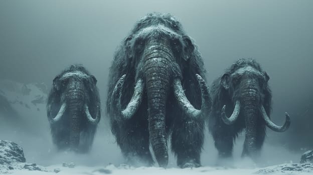 Three hyper-realistic woolly mammoths stand tall in a snow-covered prehistoric landscape, their thick, shaggy fur rippling in the wind, and frosted, curved tusks showcasing their ancient strength. Captured in cinematic 4K detail, the natural lighting and cold misty air evoke the powerful and serene ambiance of the Ice Age