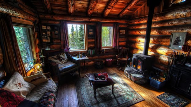 A wide-angle, high-contrast photo capturing the inviting interior of a Canadian log cabin. The scene is bathed in warm colors, emphasizing the cozy ambiance, rustic textures, and natural wood grains, perfect for an escape to nature's tranquility.