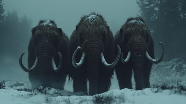 Three hyper-realistic woolly mammoths stand tall in a snow-covered prehistoric landscape, their thick, shaggy fur rippling in the wind, and frosted, curved tusks showcasing their ancient strength. Captured in cinematic 4K detail, the natural lighting and cold misty air evoke the powerful and serene ambiance of the Ice Age