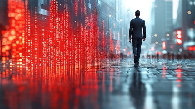 A professional man in a suit confidently walks along a large, ascending 3D bar graph, symbolizing growth and success. Set against a clean white background, this stock photo encapsulates progress and ambition in the business world.