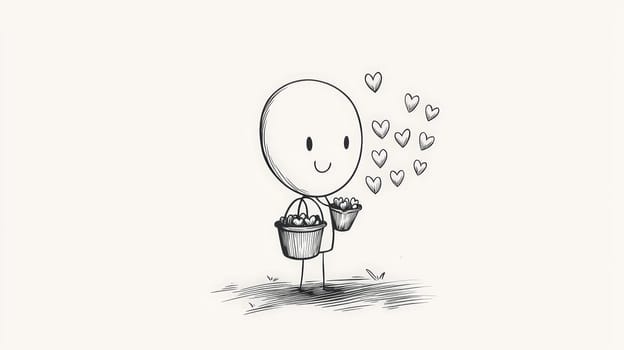A minimalistic black and white illustration shows a simple character with a large oval head gently planting hearts in the ground from a bucket filled with hearts. The soft, tender style and line-drawing technique create a warm, endearing image perfect for laser engraving on a neutral background.
