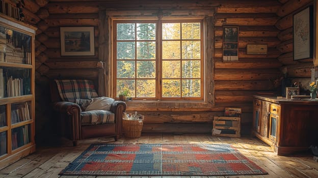 A wide-angle, high-contrast photo capturing the inviting interior of a Canadian log cabin. The scene is bathed in warm colors, emphasizing the cozy ambiance, rustic textures, and natural wood grains, perfect for an escape to nature's tranquility.
