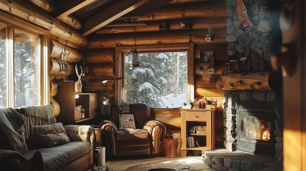 A wide-angle, high-contrast photo capturing the inviting interior of a Canadian log cabin. The scene is bathed in warm colors, emphasizing the cozy ambiance, rustic textures, and natural wood grains, perfect for an escape to nature's tranquility.