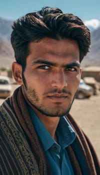 A young man 25 years old from Afghanistan, wearing traditional clothing, poses proudly in his village with mountains in the background, showcasing his cultural heritage. Generative AI.