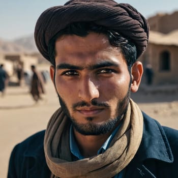 A young man 25 years old from Afghanistan, wearing traditional clothing, poses proudly in his village with mountains in the background, showcasing his cultural heritage. Generative AI.