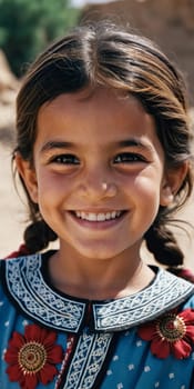 A young cute girl 5 years old from Afghanistan in national clothing smiles, showcasing her traditional attire, her expressive eyes reflecting her surroundings and culture. Generative AI.