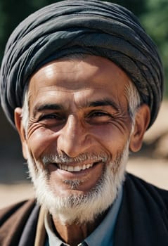 A resident of Afghanistan, this smiling man radiates warmth and happiness, displaying a rich cultural heritage while embracing life. His genuine expression reflects the beauty of his surroundings. AI.