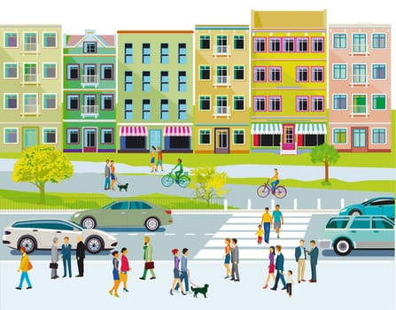 Leisure time with family in suburb and road traffic illustration