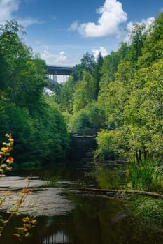 A calm river, lined with dense vegetation, reflects the sky with dramatic clouds. In the background, a bridge crosses the landscape framed by trees.